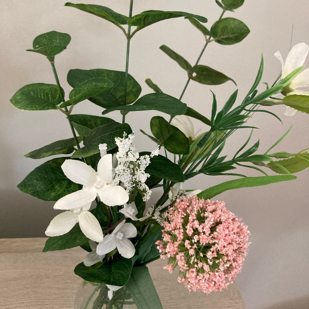 ❌SOLD Handcrafted Faux Floral Arrangement in Glass Milk Bottle Vase - Picture 2 of 5